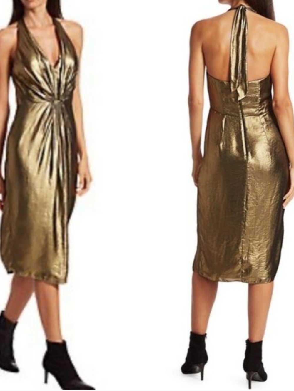Halston Heritage Gold Foil Georgette Halter Neck Dress Size 4